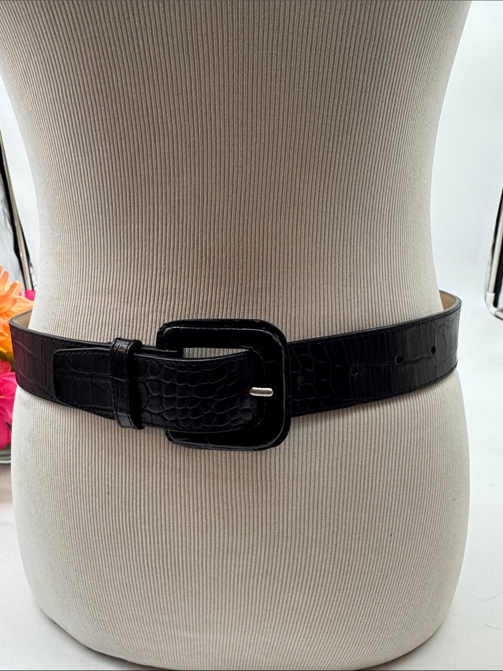 Cole Haan Black Croc-Embossed Leather Waist Belt Size Small